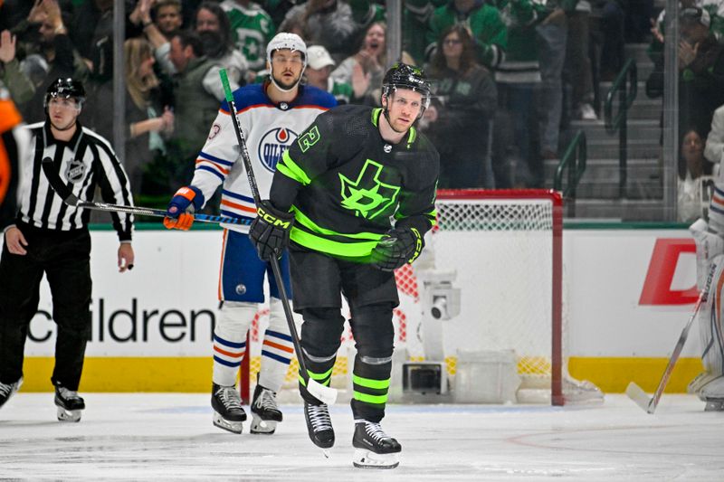 Apr 3, 2024; Dallas, Texas, USA; Dallas Stars center Radek Faksa (12) skates off the ice after scoring a goal against the Edmonton Oilers during the first period at the American Airlines Center. Mandatory Credit: Jerome Miron-USA TODAY Sports