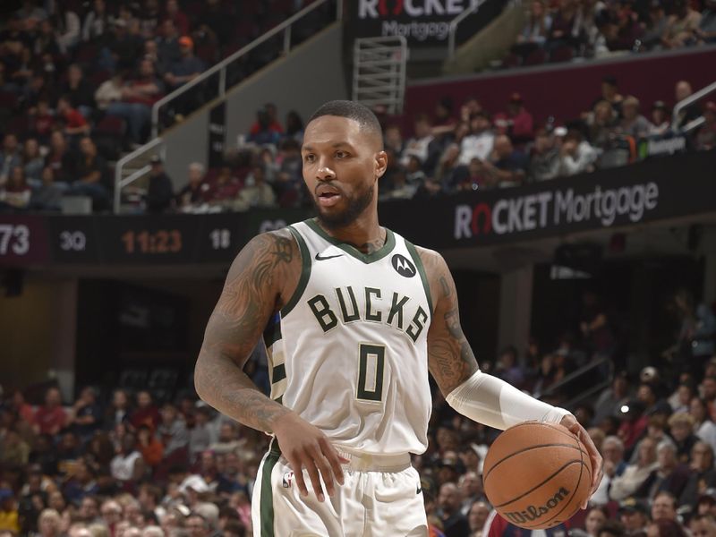 CLEVELAND, OH - NOVEMBER 4: Damian Lillard #0 of the Milwaukee Bucks dribbles the ball during the game against the Cleveland Cavaliers on November 4, 2024 at Rocket Mortgage FieldHouse in Cleveland, Ohio. NOTE TO USER: User expressly acknowledges and agrees that, by downloading and/or using this Photograph, user is consenting to the terms and conditions of the Getty Images License Agreement. Mandatory Copyright Notice: Copyright 2024 NBAE (Photo by David Liam Kyle/NBAE via Getty Images)