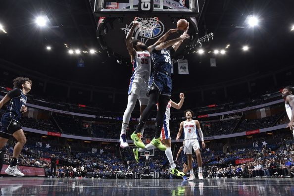 ORLANDO, FL - DECEMBER 8: Marvin Bagley III #35 of the Detroit Pistons blocks the shot during the game against the Orlando Magic on December 8, 2023 at Amway Center in Orlando, Florida. NOTE TO USER: User expressly acknowledges and agrees that, by downloading and or using this photograph, User is consenting to the terms and conditions of the Getty Images License Agreement. Mandatory Copyright Notice: Copyright 2023 NBAE (Photo by Fernando Medina/NBAE via Getty Images)