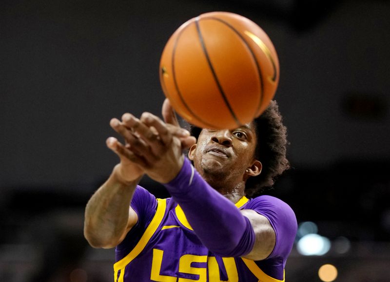 Feb 1, 2023; Columbia, Missouri, USA; LSU Tigers forward Derek Fountain (20) is unable to grab a rebound during the first half against the Missouri Tigers at Mizzou Arena. Mandatory Credit: Jay Biggerstaff-USA TODAY Sports