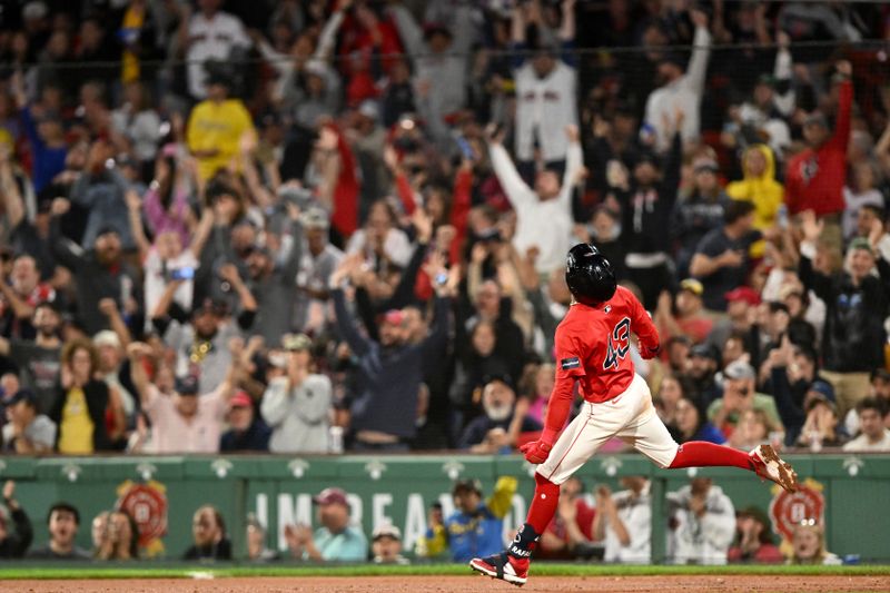 Sep 6, 2024; Boston, Massachusetts, USA; Boston Red Sox shortstop Ceddanne Rafaela (43) reacts after hitting a two-run home run against the Chicago White Sox during the seventh inning at Fenway Park. Mandatory Credit: Brian Fluharty-Imagn Images