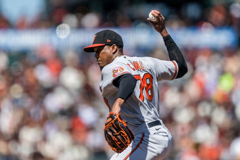 Jun 4, 2023; San Francisco, California, USA; Baltimore Orioles closing pitcher Yennier Cano (78) throws against the San Francisco Giants during the eighth inning at Oracle Park. Mandatory Credit: John Hefti-USA TODAY Sports