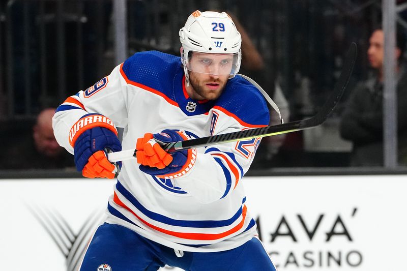 Feb 6, 2024; Las Vegas, Nevada, USA; Edmonton Oilers center Leon Draisaitl (29) warms up before a game against the Vegas Golden Knights at T-Mobile Arena. Mandatory Credit: Stephen R. Sylvanie-USA TODAY Sports
