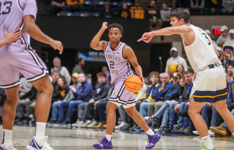 Jan 9, 2024; Morgantown, West Virginia, USA;Kansas State Wildcats guard Tylor Perry (2) calls out a play during the first half against the West Virginia Mountaineers  at WVU Coliseum. Mandatory Credit: Ben Queen-USA TODAY Sports