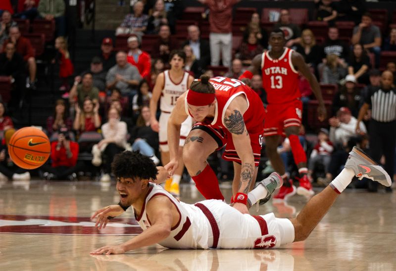 Jan 14, 2024; Stanford, California, USA; Utah Utes guard Gabe Madsen (55) and Stanford Cardinal forward Spencer Jones (14) pursue a loose ball during the second half at Maples Pavilion. Mandatory Credit: D. Ross Cameron-USA TODAY Sports