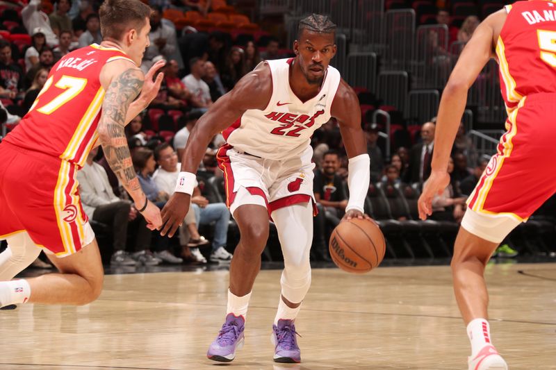 MIAMI, FL - OCTOBER 16: Jimmy Butler #22 of the Miami Heat dribbles the ball during the game against the Atlanta Hawks on October 16, 2024 at Miami-Dade Arena in Miami, Florida. NOTE TO USER: User expressly acknowledges and agrees that, by downloading and or using this Photograph, user is consenting to the terms and conditions of the Getty Images License Agreement. Mandatory Copyright Notice: Copyright 2024 NBAE (Photo by Issac Baldizon/NBAE via Getty Images)