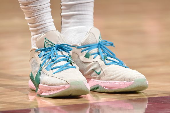 CLEVELAND, OH - DECEMBER 20: The sneakers worn by Ochai Agbaji #30 of the Utah Jazz during the game against the Cleveland Cavaliers on December 20, 2023 at Rocket Mortgage FieldHouse in Cleveland, Ohio. NOTE TO USER: User expressly acknowledges and agrees that, by downloading and/or using this Photograph, user is consenting to the terms and conditions of the Getty Images License Agreement. Mandatory Copyright Notice: Copyright 2023 NBAE (Photo by David Liam Kyle/NBAE via Getty Images)