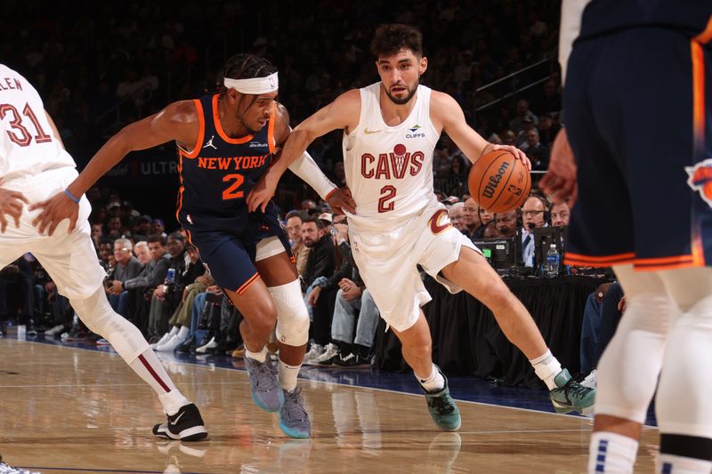 NEW YORK, NY - OCTOBER 28: Ty Jerome #2 of the Cleveland Cavaliers drives to the basket during the game against the New York Knicks on October 28, 2024 at Madison Square Garden in New York City, New York.  NOTE TO USER: User expressly acknowledges and agrees that, by downloading and or using this photograph, User is consenting to the terms and conditions of the Getty Images License Agreement. Mandatory Copyright Notice: Copyright 2024 NBAE  (Photo by Nathaniel S. Butler/NBAE via Getty Images)