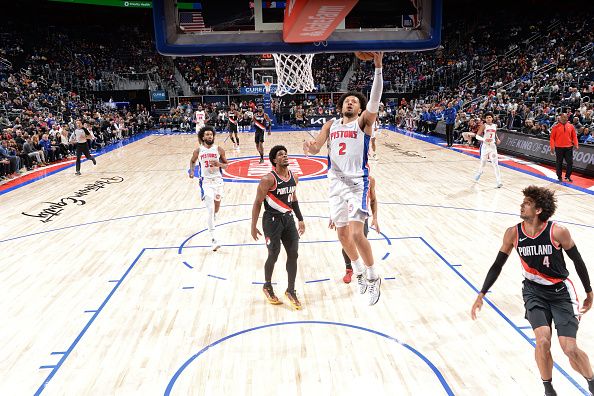 DETROIT, MI - NOVEMBER 1: Cade Cunningham #2 of the Detroit Pistons drives to the basket during the game against the Portland Trail Blazers on November 1, 2023 at Little Caesars Arena in Detroit, Michigan. NOTE TO USER: User expressly acknowledges and agrees that, by downloading and/or using this photograph, User is consenting to the terms and conditions of the Getty Images License Agreement. Mandatory Copyright Notice: Copyright 2023 NBAE (Photo by Chris Schwegler/NBAE via Getty Images)