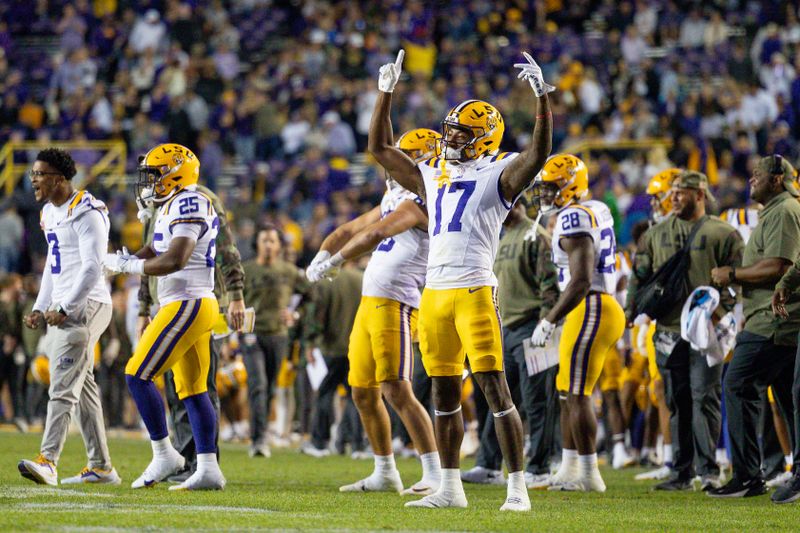 Nov 11, 2023; Baton Rouge, Louisiana, USA;  LSU Tigers wide receiver Chris Hilton Jr. (17) reacts to a touchdown in the final minute against the Florida Gators during the second half at Tiger Stadium. Mandatory Credit: Stephen Lew-USA TODAY Sports