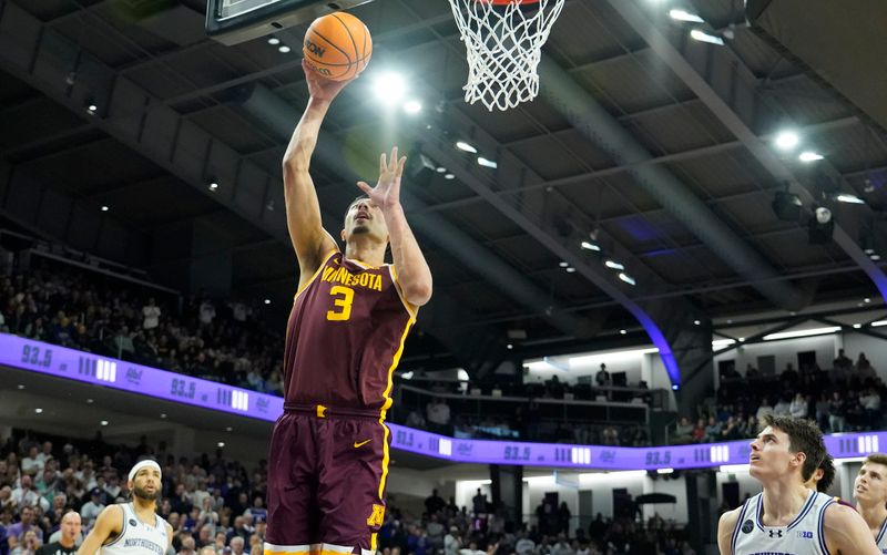 Mar 9, 2024; Evanston, Illinois, USA; Minnesota Golden Gophers forward Dawson Garcia (3) scores against the Northwestern Wildcats during the first half at Welsh-Ryan Arena. Mandatory Credit: David Banks-USA TODAY Sports