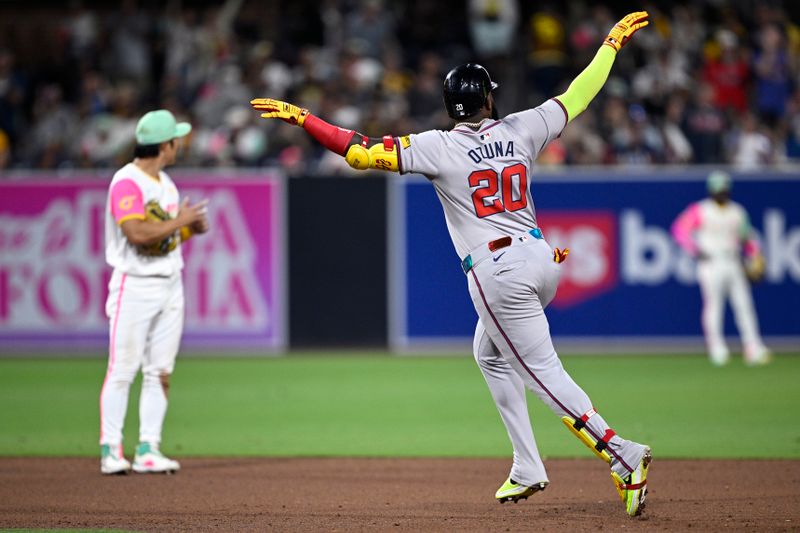 Jul 12, 2024; San Diego, California, USA; Atlanta Braves designated hitter Marcell Ozuna (20) rounds the bases after hitting a home run against the San Diego Padres during the ninth inning at Petco Park. Mandatory Credit: Orlando Ramirez-USA TODAY Sports 