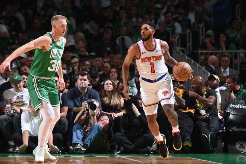 BOSTON, MA - OCTOBER 22: Cameron Payne #1 of the New York Knicks dribbles the ball during the game against the Boston Celtics on October 22, 2024 at TD Garden in Boston, Massachusetts. NOTE TO USER: User expressly acknowledges and agrees that, by downloading and/or using this Photograph, user is consenting to the terms and conditions of the Getty Images License Agreement. Mandatory Copyright Notice: Copyright 2024 NBAE (Photo by Brian Babineau/NBAE via Getty Images)