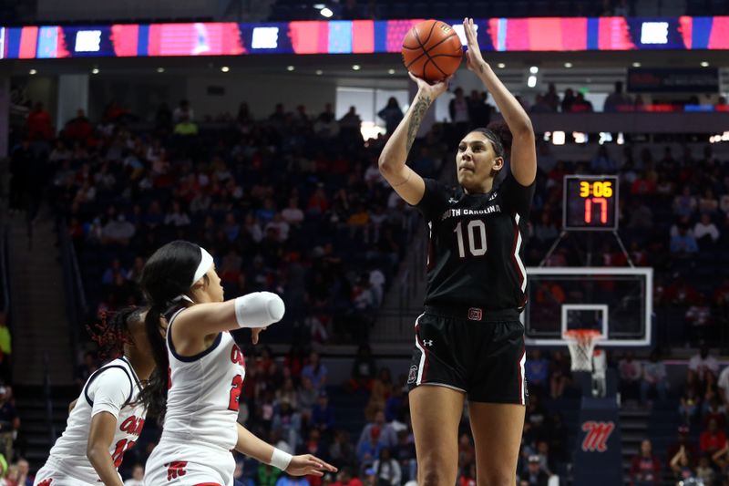 Feb 19, 2023; Oxford, Mississippi, USA; South Carolina Gamecocks center Kamilla Cardoso (10) shoots during the first half against the Mississippi Rebels at The Sandy and John Black Pavilion at Ole Miss. Mandatory Credit: Petre Thomas-USA TODAY Sports