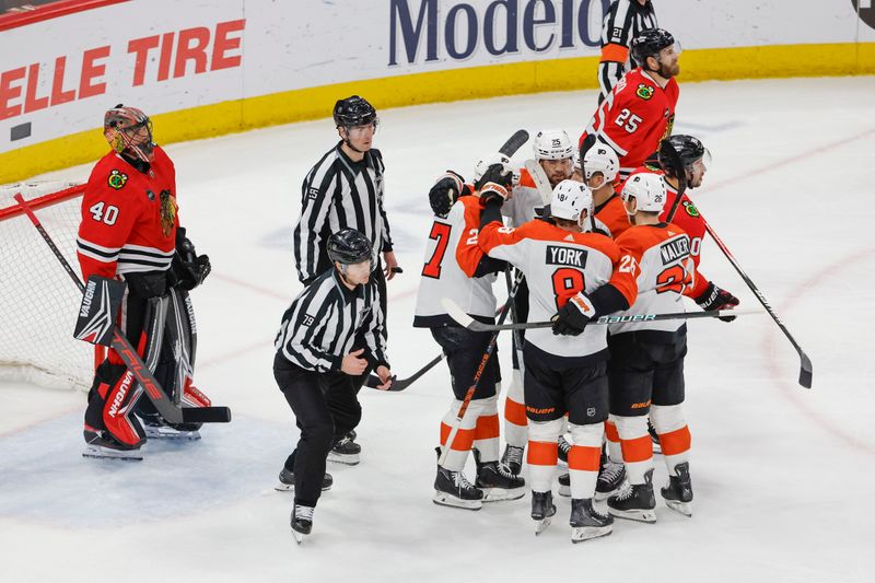 Feb 21, 2024; Chicago, Illinois, USA; Philadelphia Flyers right wing Garnet Hathaway (19) celebrates with teammates after scoring against the Chicago Blackhawks during the second period at United Center. Mandatory Credit: Kamil Krzaczynski-USA TODAY Sports