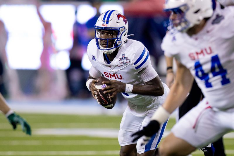 Dec 2, 2023; New Orleans, LA, USA; Southern Methodist Mustangs quarterback Kevin Jennings (7) scrambles out the pocket against the Tulane Green Wave during the second half at Yulman Stadium. Mandatory Credit: Stephen Lew-USA TODAY Sports