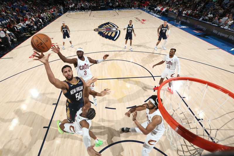 NEW ORLEANS, LA - NOVEMBER 6: Jeremiah Robinson-Earl #50 of the New Orleans Pelicans shoots the ball during the game against the Cleveland Cavaliers on November 6, 2024 at the Smoothie King Center in New Orleans, Louisiana. NOTE TO USER: User expressly acknowledges and agrees that, by downloading and or using this Photograph, user is consenting to the terms and conditions of the Getty Images License Agreement. Mandatory Copyright Notice: Copyright 2024 NBAE (Photo by Layne Murdoch Jr./NBAE via Getty Images)