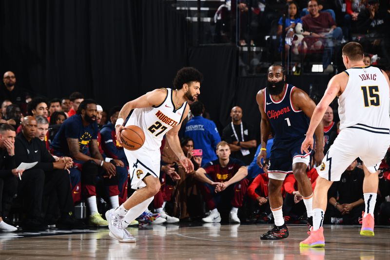 INGLEWOOD, CA - APRIL 26:  Jamal Murray #27 of the Denver Nuggets dribbles the ball during Round One, Game Four of the 2025 NBA Playoffs on April 26, 2025 at Intuit Dome in Los Angeles, California. NOTE TO USER: User expressly acknowledges and agrees that, by downloading and/or using this Photograph, user is consenting to the terms and conditions of the Getty Images License Agreement. Mandatory Copyright Notice: Copyright 2025 NBAE (Photo by Juan Ocampo/NBAE via Getty Images)