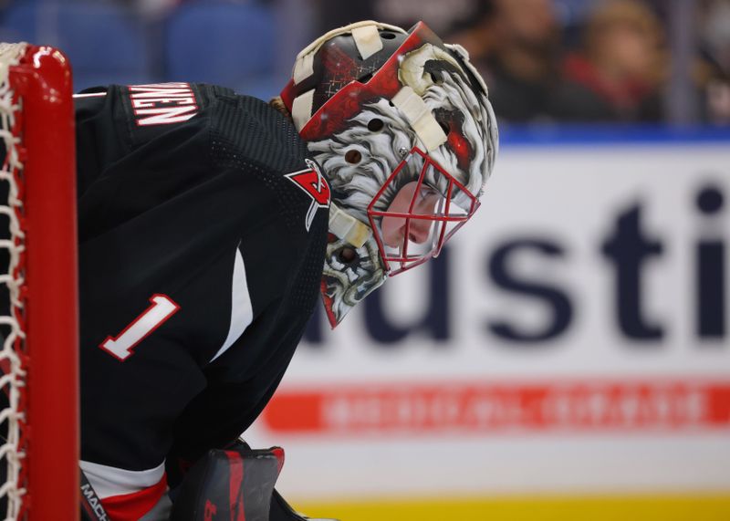 Nov 3, 2023; Buffalo, New York, USA;  Buffalo Sabres goaltender Ukko-Pekka Luukkonen (1) during a stoppage in play against the Buffalo Sabres during the third period at KeyBank Center. Mandatory Credit: Timothy T. Ludwig-USA TODAY Sports