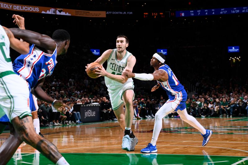 BOSTON, MA - OCTOBER 12: Luke Kornet #40 of the Boston Celtics drives to the basket during the game against the Philadelphia 76ers during a NBA Preseason game on October 12, 2024 at TD Garden in Boston, Massachusetts. NOTE TO USER: User expressly acknowledges and agrees that, by downloading and/or using this Photograph, user is consenting to the terms and conditions of the Getty Images License Agreement. Mandatory Copyright Notice: Copyright 2024 NBAE (Photo by Brian Babineau/NBAE via Getty Images)