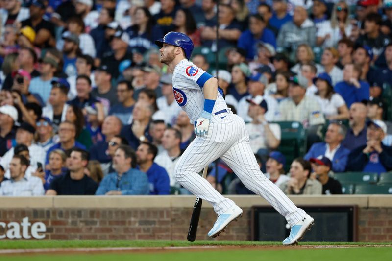 Aug 15, 2023; Chicago, Illinois, USA; Chicago Cubs left fielder Ian Happ (8) watches his two-run home run against the Chicago White Sox during the first inning at Wrigley Field. Mandatory Credit: Kamil Krzaczynski-USA TODAY Sports