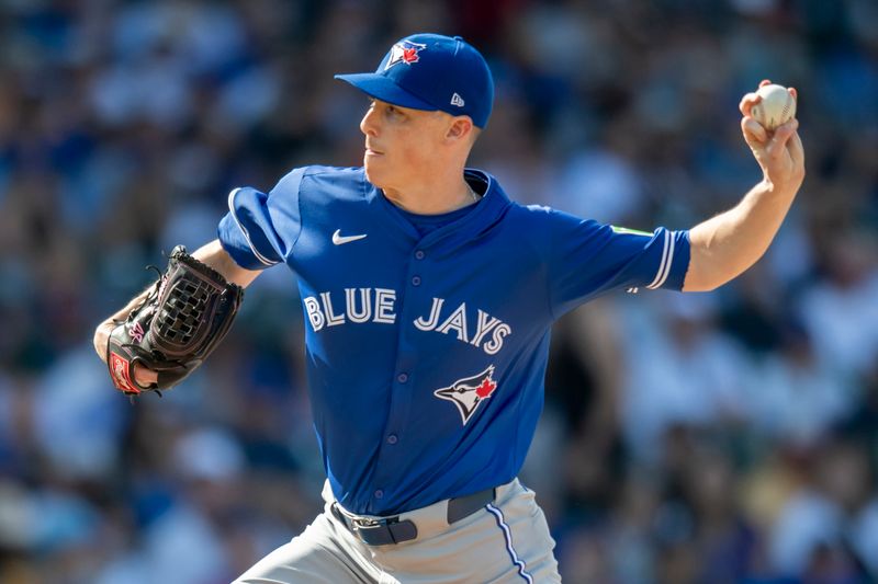 Aug 17, 2024; Chicago, Illinois, USA; Toronto Blue Jays relief pitcher Ryan Yarbrough (35) pitches during the seventh inning against the Toronto Blue Jays at Wrigley Field. Mandatory Credit: Patrick Gorski-USA TODAY Sports