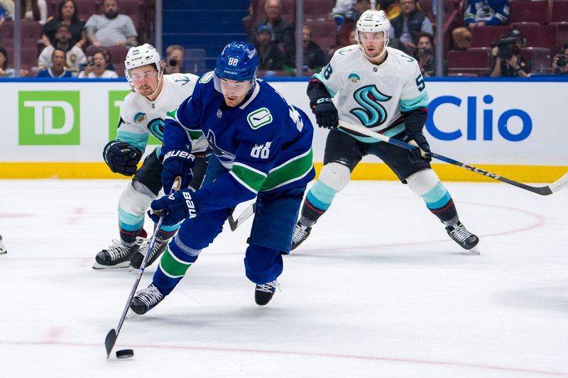 Sep 24, 2024; Vancouver, British Columbia, CAN; Vancouver Canucks forward Nils Aman (88) handles the puck against the Seattle Kraken during the first period at Rogers Arena. Mandatory Credit: Bob Frid-Imagn Images