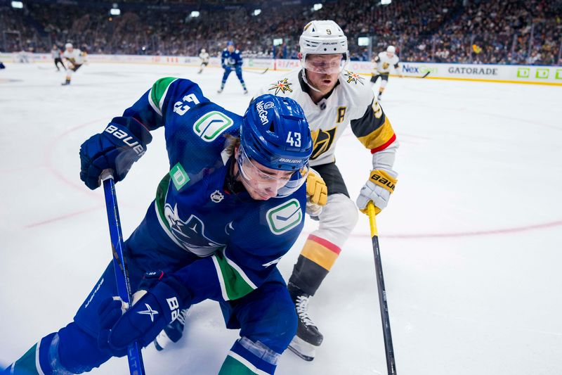 Nov 30, 2023; Vancouver, British Columbia, CAN; Vegas Golden Knights forward Jack Eichel (9) battles with Vancouver Canucks defenseman Quinn Hughes (43) in the third period at Rogers Arena. Vegas won 4-1. Mandatory Credit: Bob Frid-USA TODAY Sports