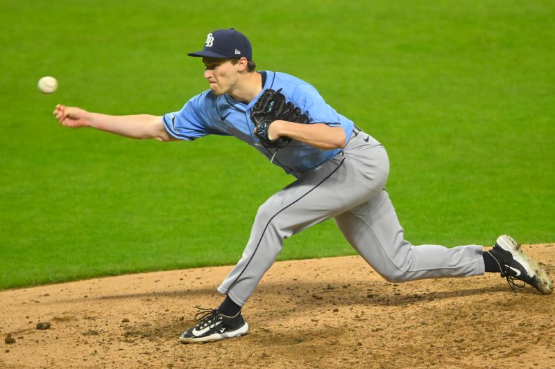 Sep 13, 2024; Cleveland, Ohio, USA; Tampa Bay Rays relief pitcher Kevin Kelly (49) delivers a pitch in the seventh inning against the Cleveland Guardians at Progressive Field. Mandatory Credit: David Richard-Imagn Images