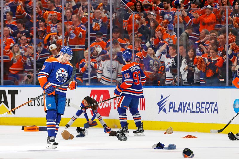 Apr 22, 2024; Edmonton, Alberta, CAN; The Edmonton Oilers celebrate a goal scored during the third period by forward Zach Hyman (18), his third goal of the game against the Los Angeles Kings in game one of the first round of the 2024 Stanley Cup Playoffs at Rogers Place. Mandatory Credit: Perry Nelson-USA TODAY Sports