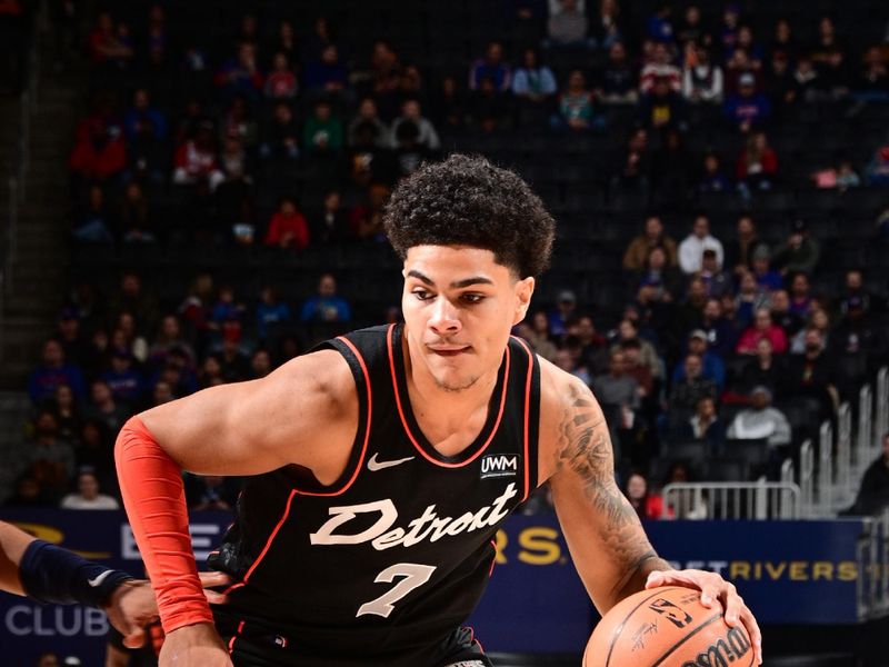 DETROIT, MI - JANUARY 27: Killian Hayes #7 of the Detroit Pistons handles the ball during the game against the Washington Wizardson January 27, 2024 at Little Caesars Arena in Detroit, Michigan. NOTE TO USER: User expressly acknowledges and agrees that, by downloading and/or using this photograph, User is consenting to the terms and conditions of the Getty Images License Agreement. Mandatory Copyright Notice: Copyright 2024 NBAE (Photo by Chris Schwegler/NBAE via Getty Images)