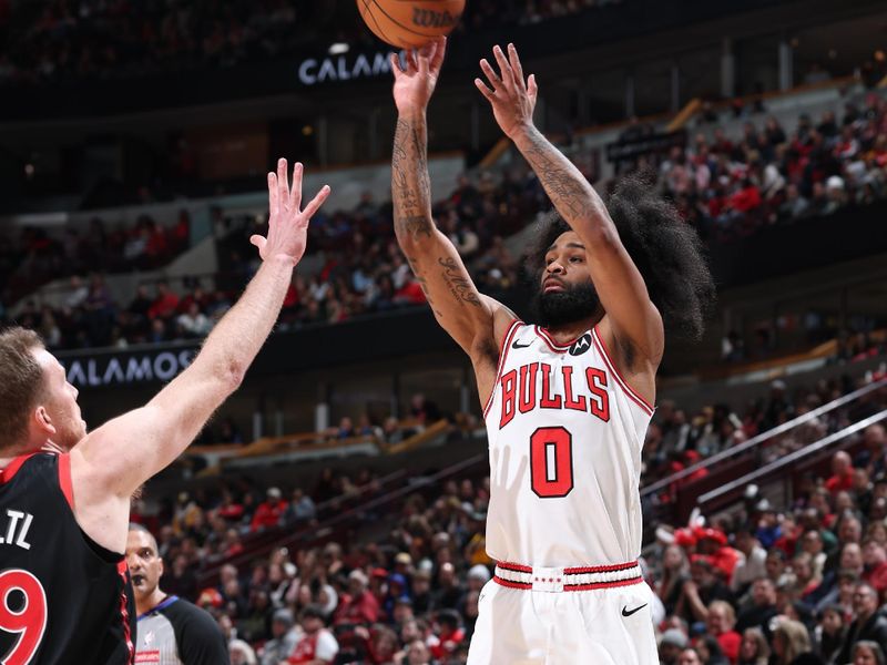 CHICAGO, IL - FEBRUARY 28:  Coby White #0 of the Chicago Bulls shoots a three point basket during the game against the Toronto Raptors on February 28, 2025 at United Center in Chicago, Illinois. NOTE TO USER: User expressly acknowledges and agrees that, by downloading and or using this photograph, User is consenting to the terms and conditions of the Getty Images License Agreement. Mandatory Copyright Notice: Copyright 2025 NBAE (Photo by Jeff Haynes/NBAE via Getty Images)