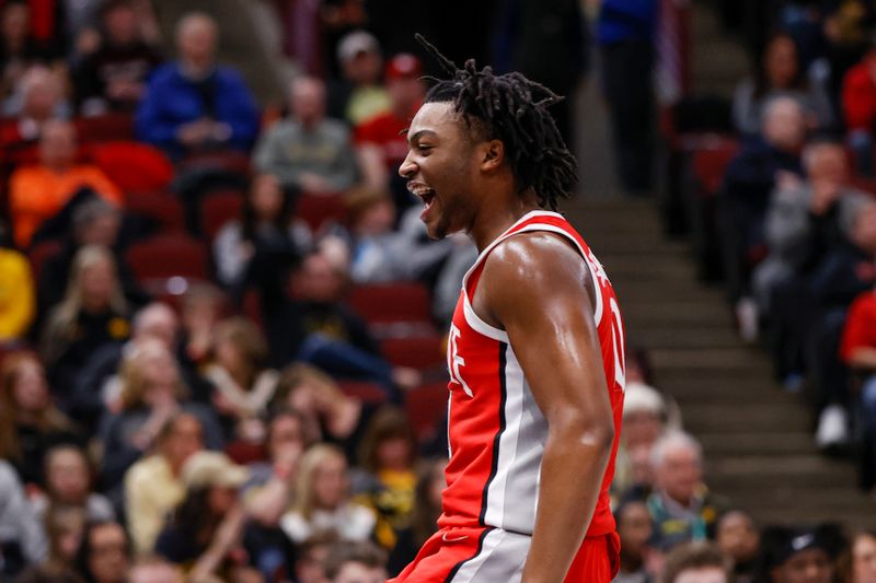 Mar 9, 2023; Chicago, IL, USA; Ohio State Buckeyes forward Brice Sensabaugh (10) celebrates after scoring against the Iowa Hawkeyes during the first half at United Center. Mandatory Credit: Kamil Krzaczynski-USA TODAY Sports