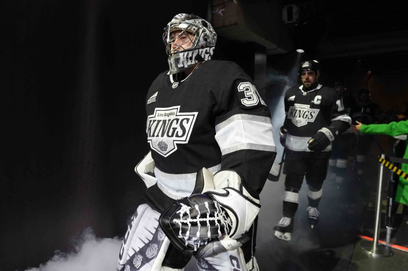 Nov 27, 2024; Los Angeles, California, USA; LA Kings goaltender David Rittich (31) enters the ice in the first period against the Winnipeg Jets at Crypto.com Arena. Mandatory Credit: Kirby Lee-Imagn Images