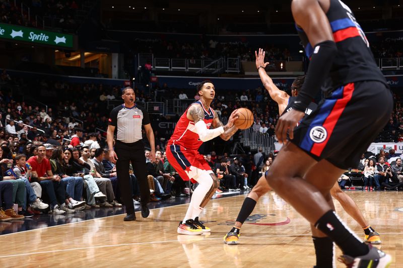 WASHINGTON, DC -? MARCH 29: Kyle Kuzma #33 of the Washington Wizards shoots a three point basket during the game against the Detroit Pistons on March 29, 2024 at Capital One Arena in Washington, DC. NOTE TO USER: User expressly acknowledges and agrees that, by downloading and or using this Photograph, user is consenting to the terms and conditions of the Getty Images License Agreement. Mandatory Copyright Notice: Copyright 2024 NBAE (Photo by Kenny Giarla/NBAE via Getty Images)