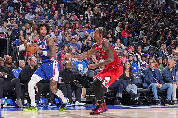 PHILADELPHIA, PA - JANUARY 2: Kelly Oubre Jr. #9 of the Philadelphia 76ers looks to pass the ball during the game against the Chicago Bulls on January 2, 2024 at the Wells Fargo Center in Philadelphia, Pennsylvania NOTE TO USER: User expressly acknowledges and agrees that, by downloading and/or using this Photograph, user is consenting to the terms and conditions of the Getty Images License Agreement. Mandatory Copyright Notice: Copyright 2023 NBAE (Photo by Jesse D. Garrabrant/NBAE via Getty Images)