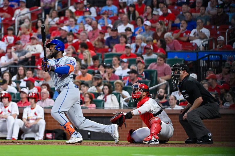 May 7, 2024; St. Louis, Missouri, USA;  New York Mets right fielder Starling Marte (6) hits a double against the St. Louis Cardinals during the fifth inning at Busch Stadium. Mandatory Credit: Jeff Curry-USA TODAY Sports