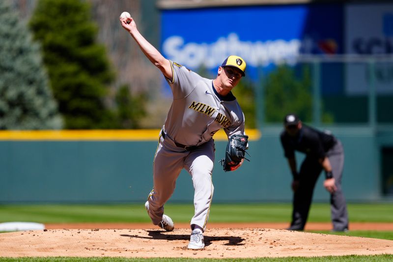 Apr 10, 2025; Denver, Colorado, USA; Milwaukee Brewers starting pitcher Quinn Priester (46) delivers a pitch in the first inning against the Colorado Rockies at Coors Field. Mandatory Credit: Ron Chenoy-Imagn Images