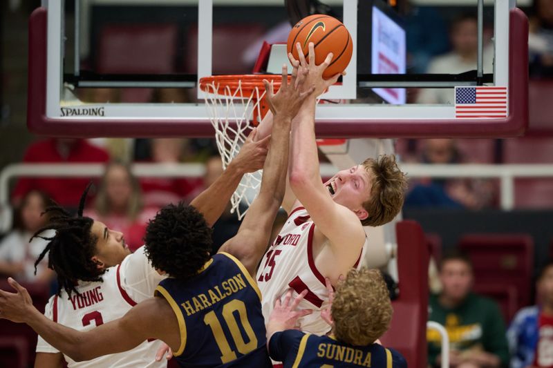 Dec 30, 2025; Stanford, California, USA; Stanford Cardinal center Oskar Giltay (15) and forward Donavin Young (2) vie for a rebound against Notre Dame Fighting Irish guard Jalen Haralson (10) and forward Garrett Sundra (12) during the second half at Maples Pavilion. Mandatory Credit: Robert Edwards-Imagn Images