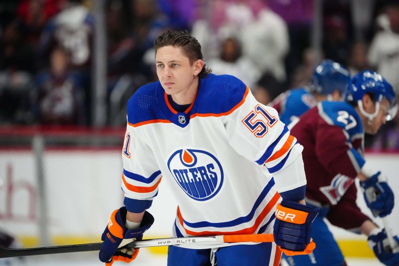 Apr 18, 2024; Denver, Colorado, USA; Edmonton Oilers defenseman Troy Stecher (51) before the game against the Colorado Avalanche at Ball Arena. Mandatory Credit: Ron Chenoy-USA TODAY Sports