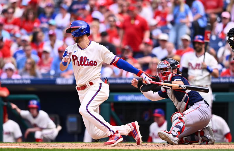 May 7, 2023; Philadelphia, Pennsylvania, USA; Philadelphia Phillies shortstop Trea Turner (7) hits a single against the Boston Red Sox in the fourth inning at Citizens Bank Park. Mandatory Credit: Kyle Ross-USA TODAY Sports