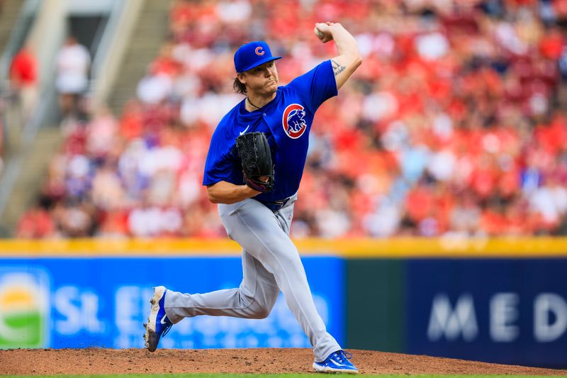 Jul 30, 2024; Cincinnati, Ohio, USA; Chicago Cubs starting pitcher Justin Steele (35) pitches against the Cincinnati Reds in the first inning at Great American Ball Park. Mandatory Credit: Katie Stratman-USA TODAY Sports