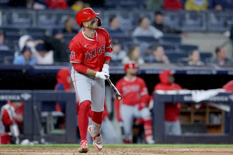 Aug 7, 2024; Bronx, New York, USA; Los Angeles Angels shortstop Zach Neto (9) watches his grand slam home run against the New York Yankees during the second inning at Yankee Stadium. Mandatory Credit: Brad Penner-USA TODAY Sports