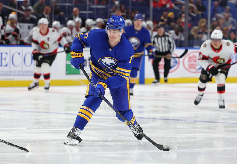 Nov 5, 2024; Buffalo, New York, USA;  Buffalo Sabres center Ryan McLeod (71) takes a shot on goal during the second period against the Ottawa Senators at KeyBank Center. Mandatory Credit: Timothy T. Ludwig-Imagn Images