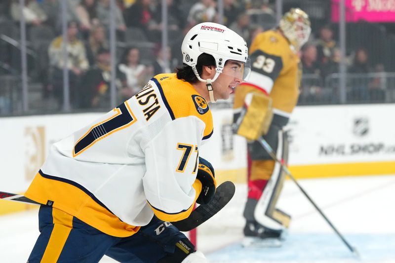 Feb 20, 2024; Las Vegas, Nevada, USA; Nashville Predators right wing Luke Evangelista (77) celebrates after scoring a goal against the Vegas Golden Knights during the first period at T-Mobile Arena. Mandatory Credit: Stephen R. Sylvanie-USA TODAY Sports