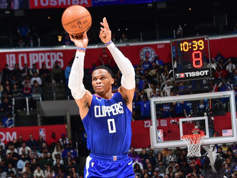 LOS ANGELES, CA - FEBRUARY 12:  Russell Westbrook #0 of the LA Clippers shoots the ball during the game  on February 12, 2024 at Crypto.Com Arena in Los Angeles, California. NOTE TO USER: User expressly acknowledges and agrees that, by downloading and/or using this Photograph, user is consenting to the terms and conditions of the Getty Images License Agreement. Mandatory Copyright Notice: Copyright 2024 NBAE (Photo by Adam Pantozzi/NBAE via Getty Images)