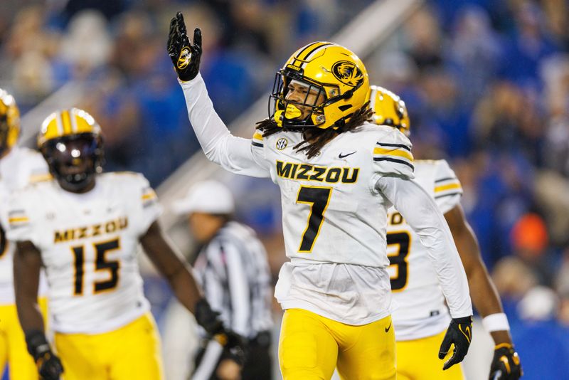 Oct 14, 2023; Lexington, Kentucky, USA; Missouri Tigers defensive back Kris Abrams-Draine (7) celebrates during the third quarter against the Kentucky Wildcats at Kroger Field. Mandatory Credit: Jordan Prather-USA TODAY Sports