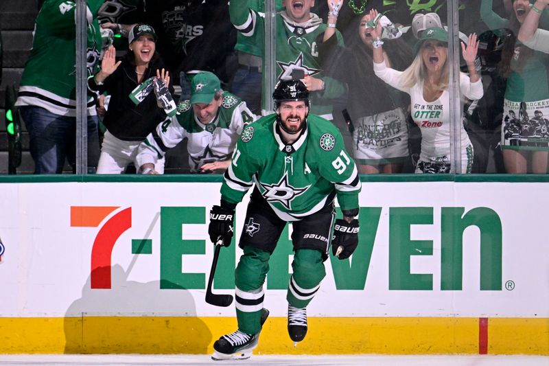 May 21, 2025; Dallas, Texas, USA; Dallas Stars center Tyler Seguin (91) reacts after scoring a goal against Edmonton Oilers in the first period during game one of the Western Conference Final of the 2025 Stanley Cup Playoffs at American Airlines Center. Mandatory Credit: Jerome Miron-Imagn Images