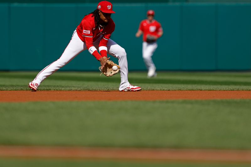 Sep 28, 2025; Washington, District of Columbia, USA; Washington Nationals shortstop CJ Abrams (5) fields a ground ball by Chicago White Sox shortstop Chase Meidroth (not pictured) during the first inning at Nationals Park. Mandatory Credit: Geoff Burke-Imagn Images