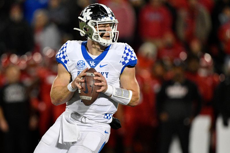 Nov 27, 2021; Louisville, Kentucky, USA;  Kentucky Wildcats quarterback Will Levis (7) looks to pass against the Louisville Cardinals during the second quarter at Cardinal Stadium. Mandatory Credit: Jamie Rhodes-USA TODAY Sports